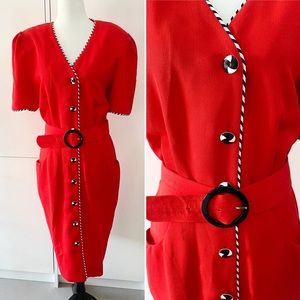 Algo 80s red dress with matching belt and white and black striped trim